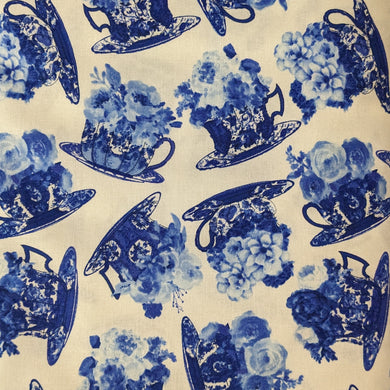 White Tossed Teacups with Flowers - Blue Jubilee