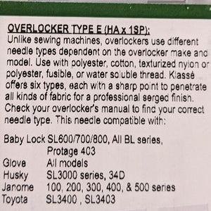 Klasse Overlocker Machine Needles 80/12 Type E