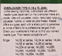 Load image into Gallery viewer, Klasse Overlocker Machine Needles 80/12 Type K